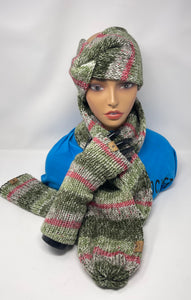 Multi color green and pink headband scarf and fingerless gloves