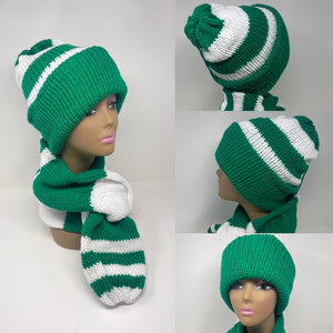 Kelly green and white knit hat and scarf
