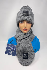 Gray knit hat and scarf
