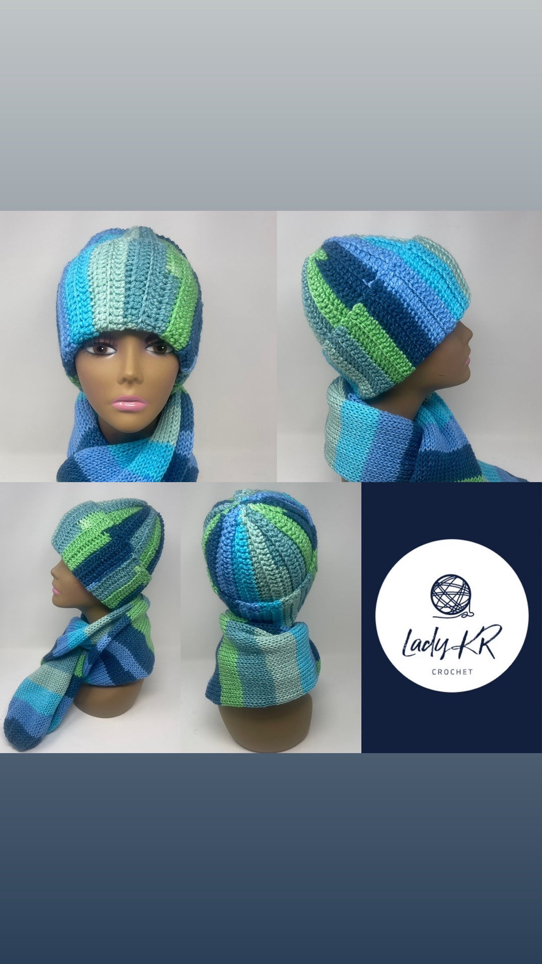 Multi color blue and green hat and scarf
