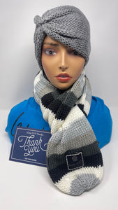 Grey knit headband grey black and white scarf